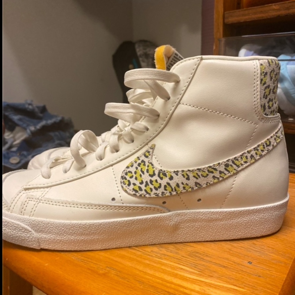 Nike White High-Tops with Leopard Swoosh